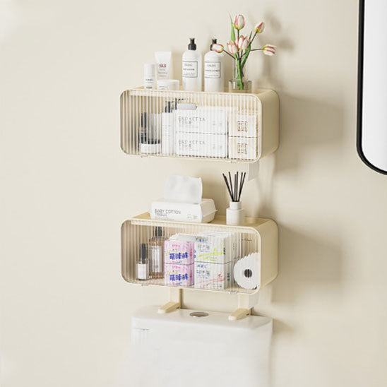 ĂtagĂšre salle de bain murale pratique avec portes coulissantes transparentes.