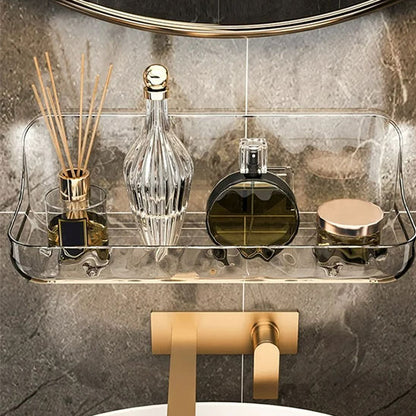 Étagère murale de salle de bain avec adhésif transparent, idéale pour ranger cosmétiques et accessoires beauté.