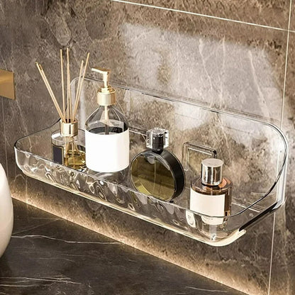 Étagère murale de salle de bain sans perçage avec grande capacité de rangement pour bouteilles et produits d’hygiène.