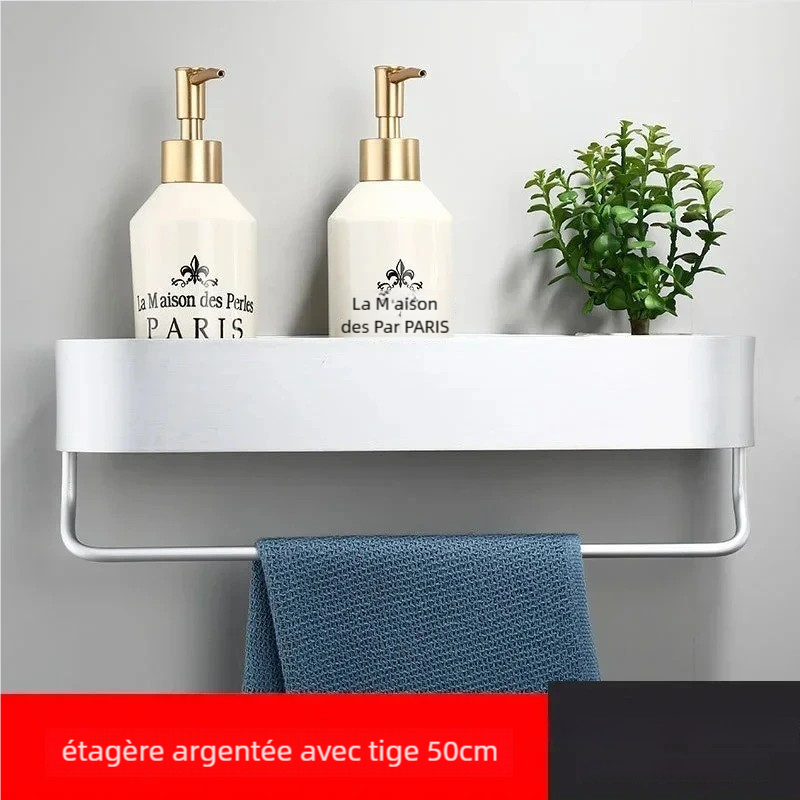 Étagere murale salle de bain argent 50 cm avec barre porte-serviette intégrée