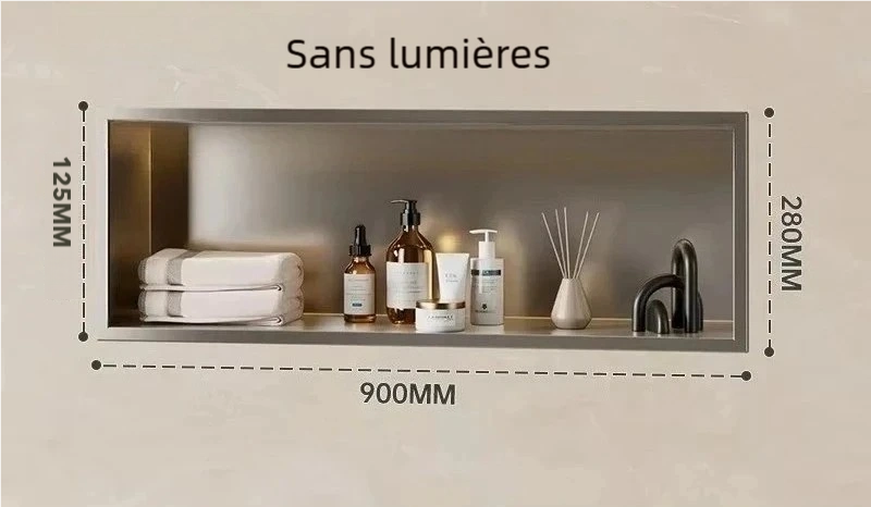 Étagère salle de bain murale encastrée gris cendré 90 cm – inox anticorrosion