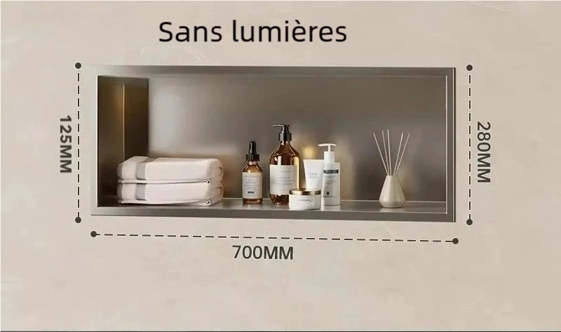 Étagère salle de bain murale gris cendré 70 cm – niche encastrée robuste