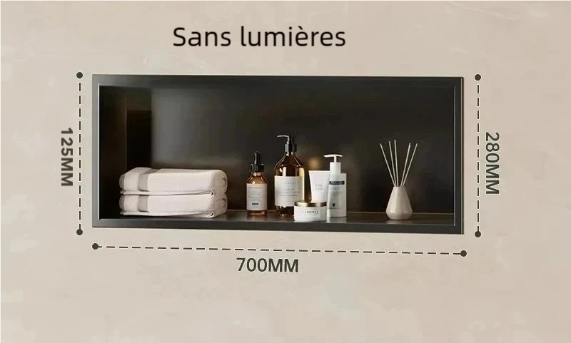 Étagère salle de bain murale en inox noir 70 cm – design moderne encastré