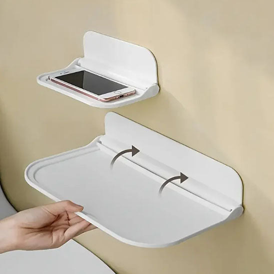 Étagère salle de bain murale pliable et polyvalente pour divers usages.