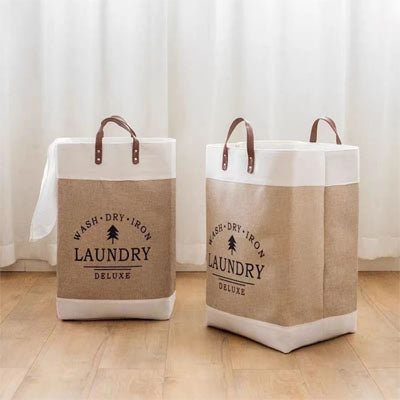 Panier à linge de grande capacité en tissu coton pliable, parfait pour la buanderie.