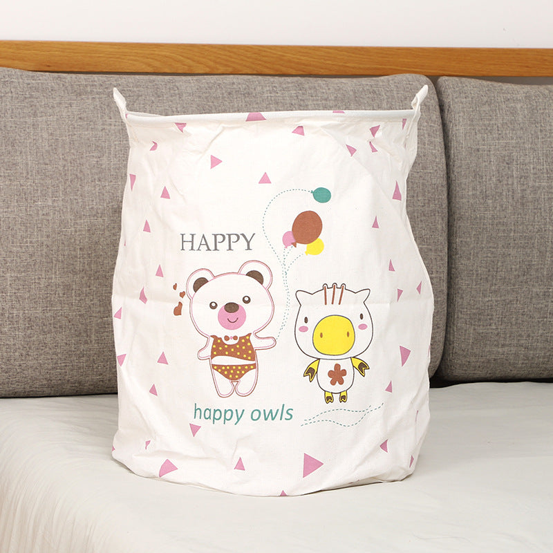 Panier à linge hiboux joyeux, design coloré pour buanderie.