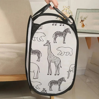 panier à linge pliable noir design moderne minimaliste avec des motifs animaux 