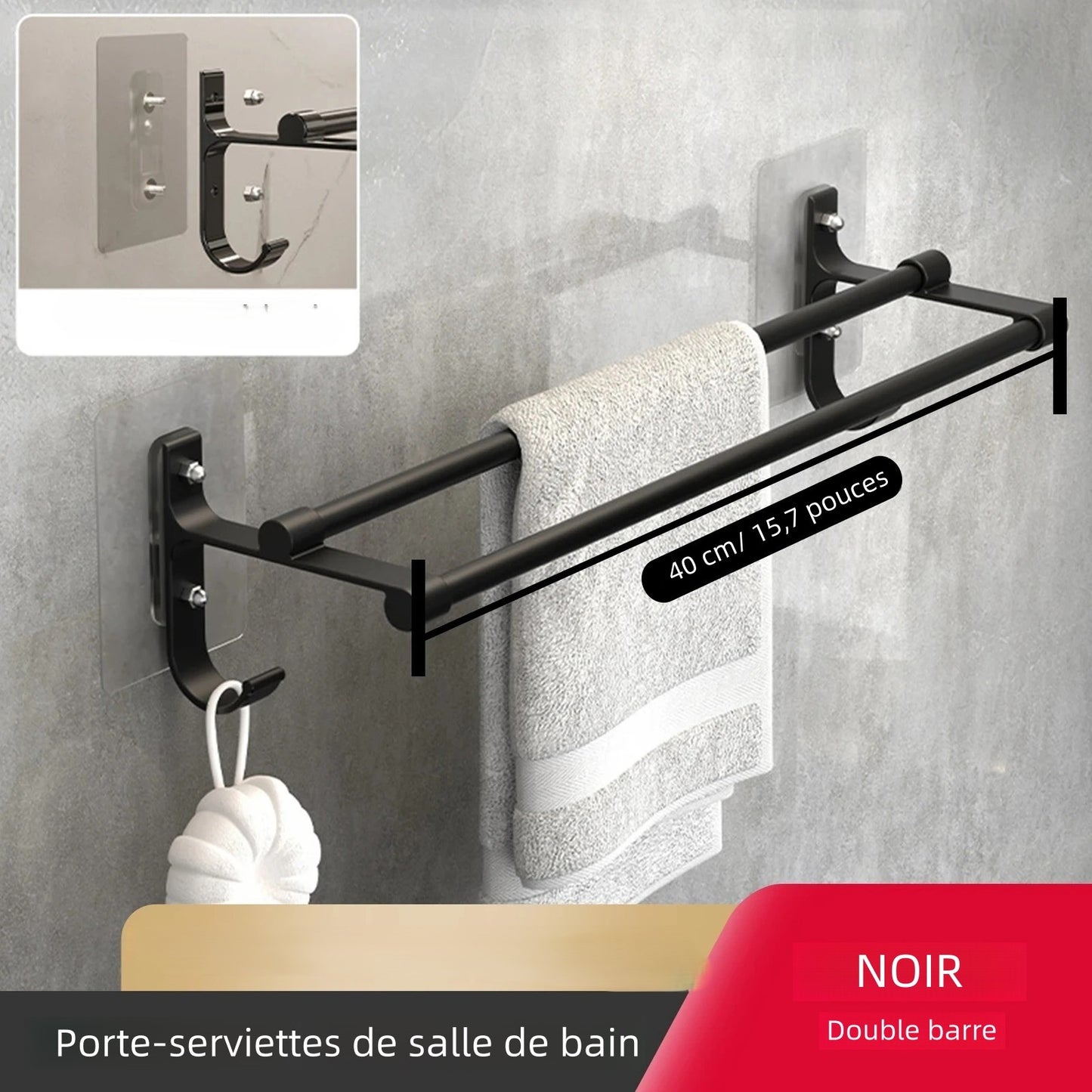 Porte-serviette mural avec crochet intégré pour accessoires et gants de toilette.