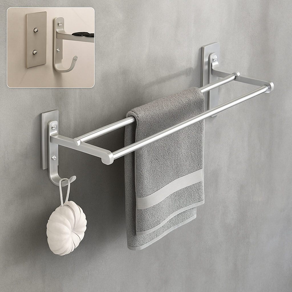 Porte-serviette mural double barre en aluminium avec fixation sans perçage.