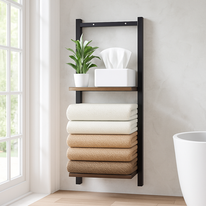 Porte-serviettes mural double niveau en bois et métal noir pour salle de bain moderne